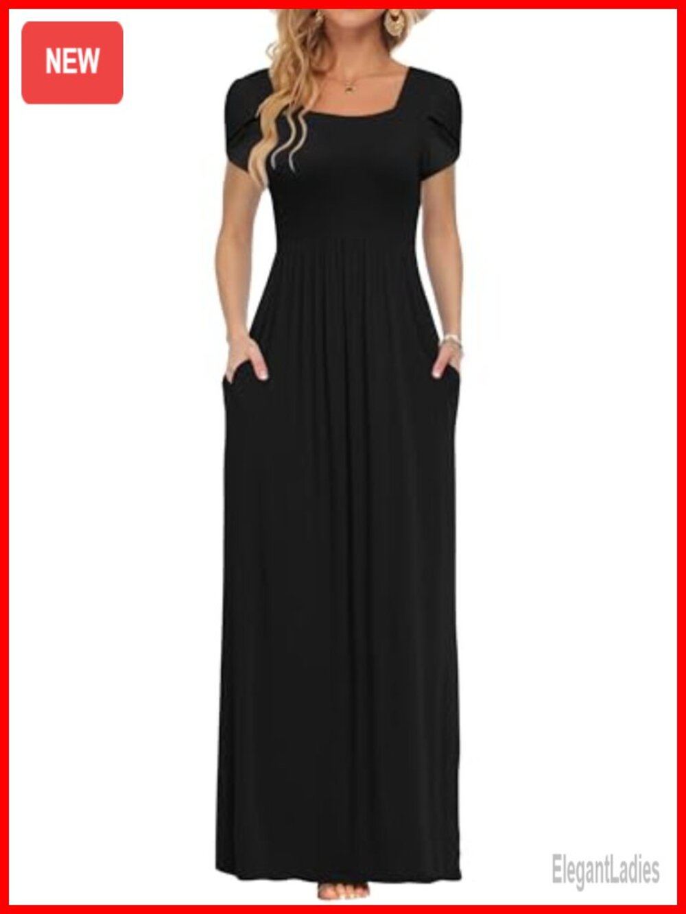 Women's Maxi Dress Petal Short Sleeve Square Neck Casual Pockets